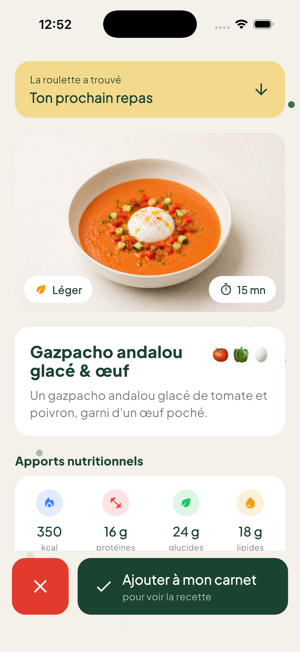 Résultat de la roulette : Gazpacho andalou glacé & œuf avec ses apports