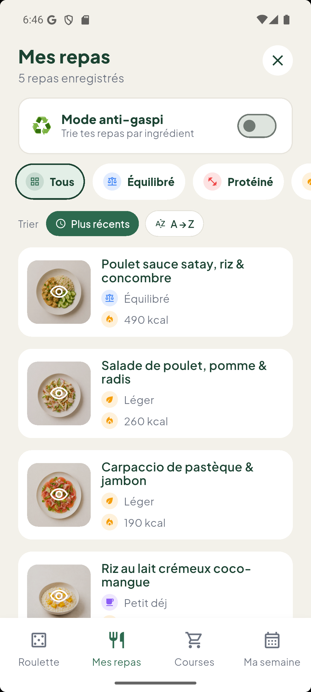 Mes repas : le carnet de plats enregistrés
