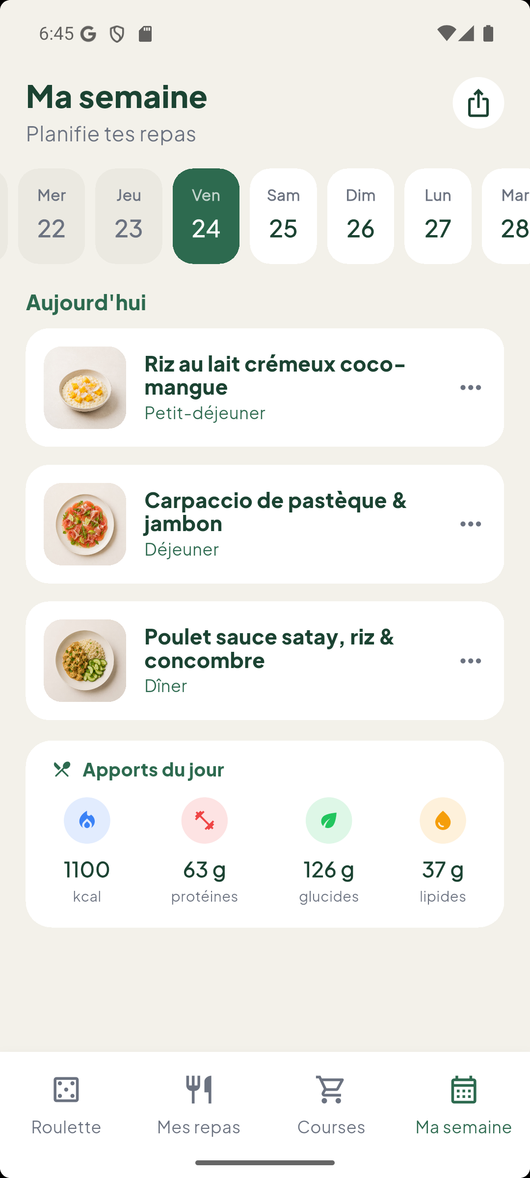 Planning de la semaine avec la carte Apports du jour