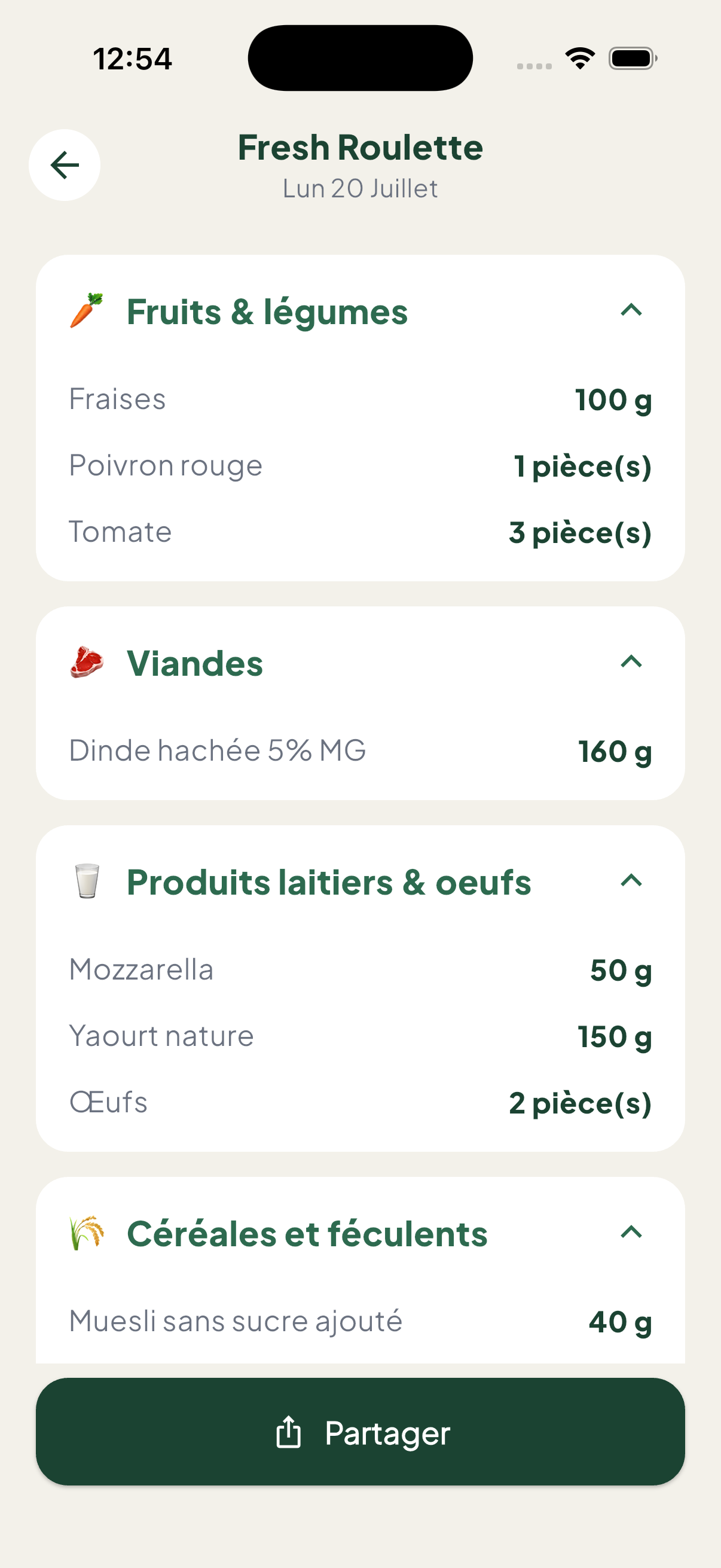 Liste de courses générée, triée par rayon